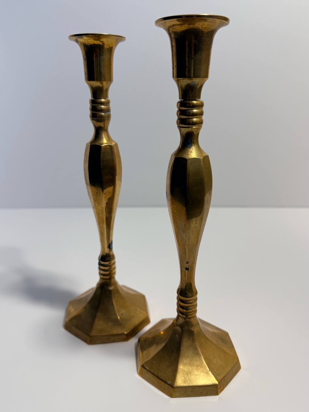 Vintage Pair Of Solid Brass Candlestick Holders Faceted Hexagonal Stem And Base